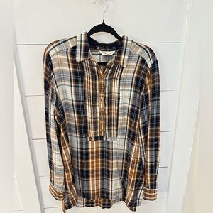 CAFE MARRAKESH S Brown plaid woman 1/2 button long sleeve rayon flannel